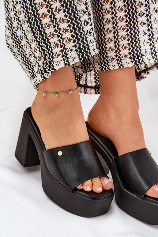 Women's Eco Leather Slide Sandals With Heel And Platform Black Tamirella