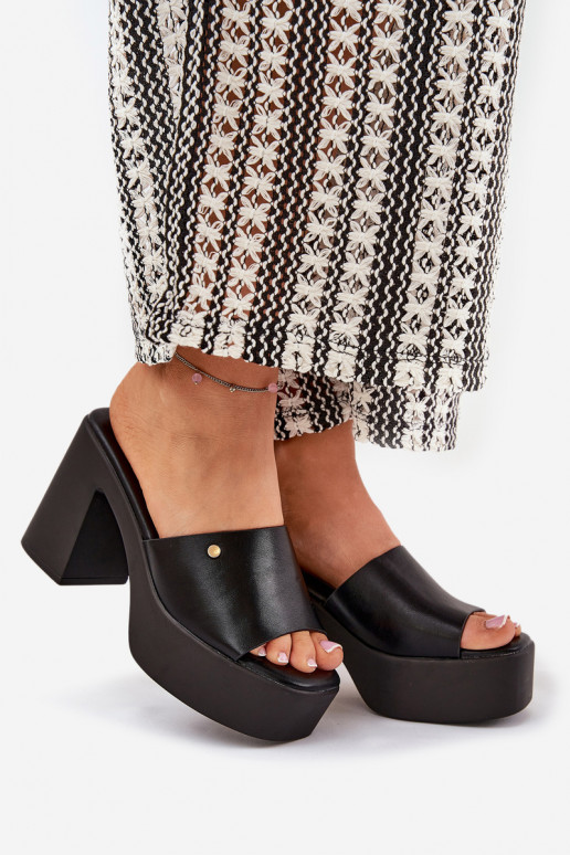 Women's Eco Leather Slide Sandals With Heel And Platform Black Tamirella