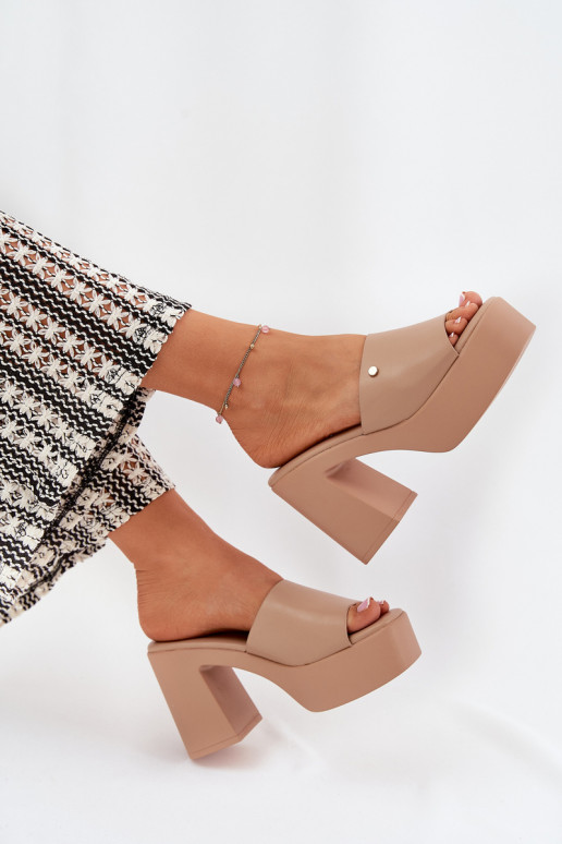 Ladies Sandals Made Of Eco Leather On Heel And Platform Khaki Tamirella