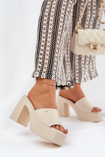 Women's Eco Leather Heeled Platform Sandals Light Beige Tamirella