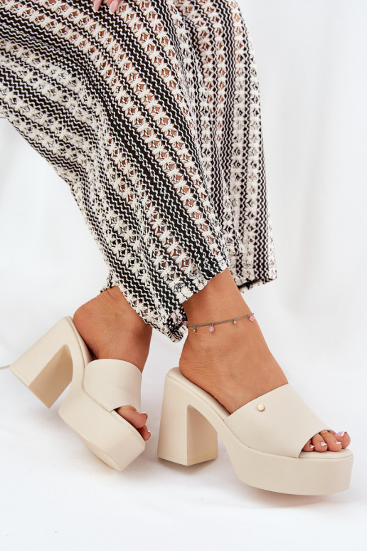Women's Eco Leather Heeled Platform Sandals Light Beige Tamirella