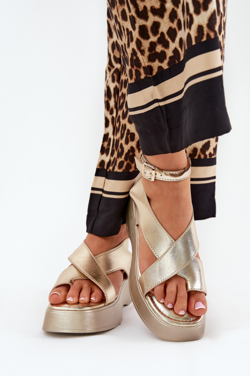 Women's Sandals On Platform And Wedge Eco Leather Gold Tenzorus