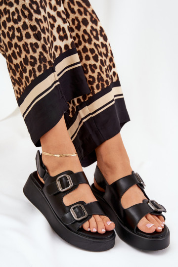 Sandały Damskie Na Platformie I Koturnie Z Klamrami Czarne Genorre