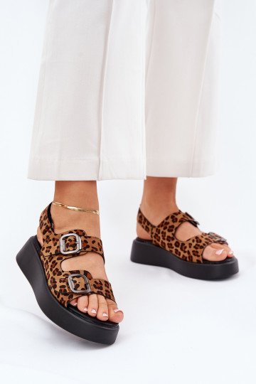 Ladies Platform And Wedge Sandals With Buckles Leopard Brown Genorre 2
