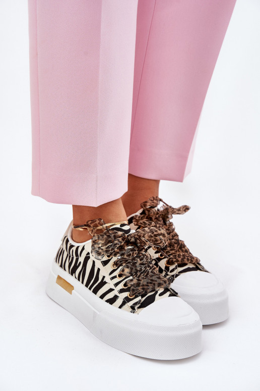 Women's Sneakers On Massive Platform With Decorative Lacing Zebra Black-Beige Zidora Women's Sneakers On Massive Platform With Decorative Lacing Zebra Black-Beige Zidora