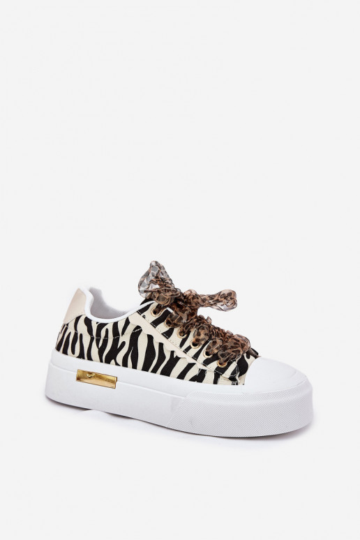 Women's Sneakers On Massive Platform With Decorative Lacing Zebra Black-Beige Zidora Women's Sneakers On Massive Platform With Decorative Lacing Zebra Black-Beige Zidora