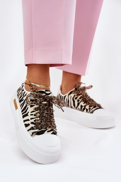Women's Sneakers On Massive Platform With Decorative Lacing Zebra Black-Beige Zidora Women's Sneakers On Massive Platform With Decorative Lacing Zebra Black-Beige Zidora