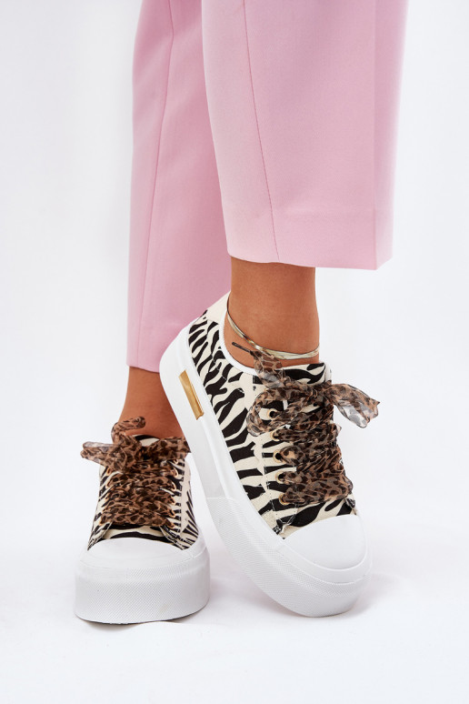 Women's Sneakers On Massive Platform With Decorative Lacing Zebra Black-Beige Zidora Women's Sneakers On Massive Platform With Decorative Lacing Zebra Black-Beige Zidora