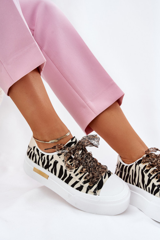 Women's Sneakers On Massive Platform With Decorative Lacing Zebra Black-Beige Zidora Women's Sneakers On Massive Platform With Decorative Lacing Zebra Black-Beige Zidora