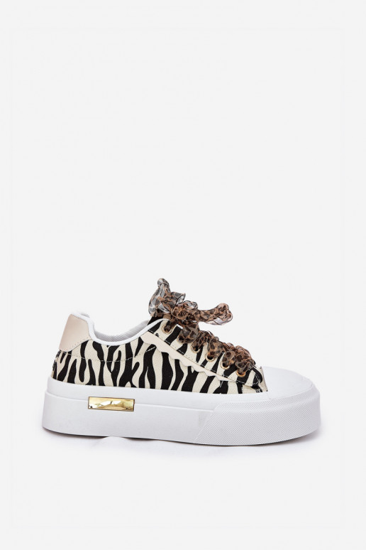 Women's Sneakers On Massive Platform With Decorative Lacing Zebra Black-Beige Zidora Women's Sneakers On Massive Platform With Decorative Lacing Zebra Black-Beige Zidora