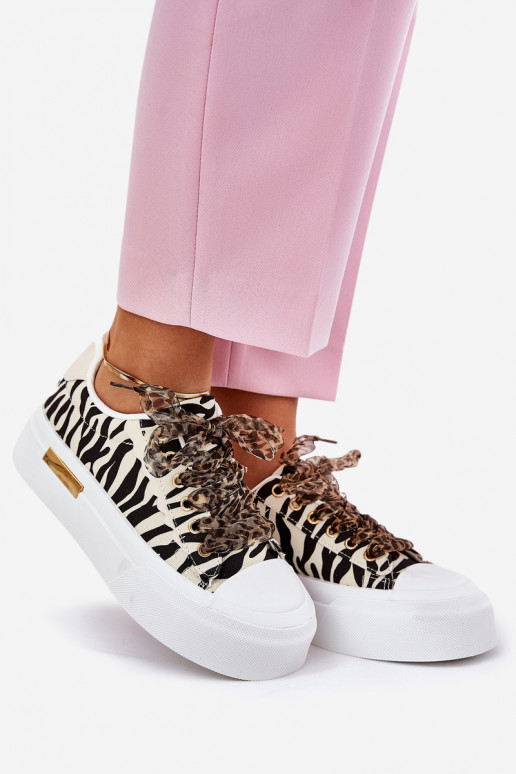 Women's Sneakers On Massive Platform With Decorative Lacing Zebra Black-Beige Zidora Women's Sneakers On Massive Platform With Decorative Lacing Zebra Black-Beige Zidora