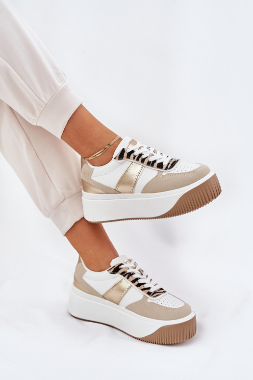 Women's sneakers on a chunky platform animal print beige-gold Telanila Women's sneakers on a chunky platform animal print beige-gold Telanila