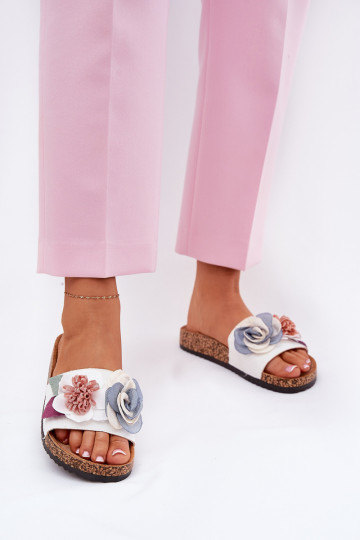 Women Slippers With Flowers On Cork Platform White Zinrosa 2