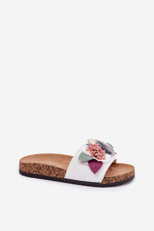Women Slippers With Flowers On Cork Platform White Zinrosa