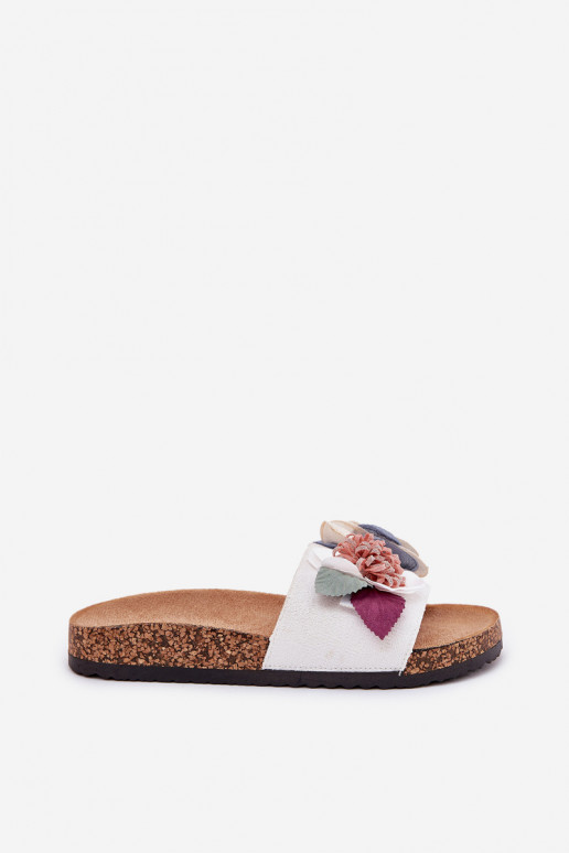 Women Slippers With Flowers On Cork Platform White Zinrosa